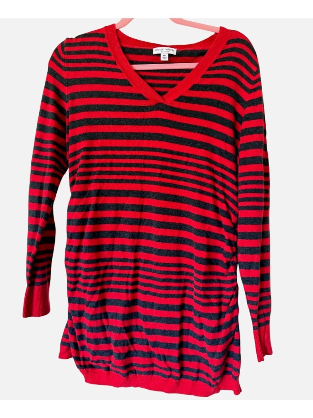Liz Lange Maternity Striped Red & Black V-Neck Ruched Bodycon Dress Top XXL